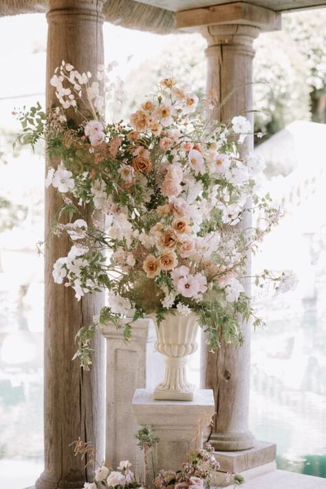 Wild Wedding Flowers, Pastel Pink Flowers, Italian Flowers, Urn Arrangements, Wild Wedding, Flower Urn, Pastel Wedding Flowers, Large Floral Arrangements, Brook Trout