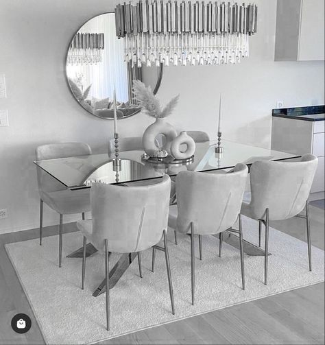 Grey Themed Dining Room, Gray Dining Table Decor, Silver Dining Room Decor, Grey And White Dining Room, Dinning Room Decor Ideas, Aesthetic Dining Room, Dining Room Decor Modern, Luxury Living Room Decor, Dining Room Design Modern