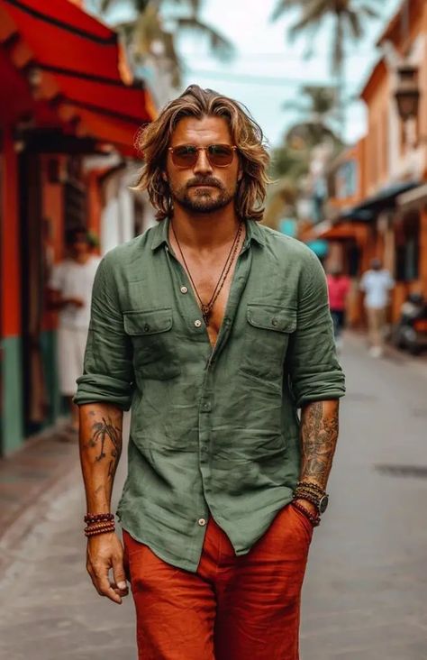 Discover 21 Stylish Bohemian Outfits for Men in 2024: From Casual to Formal Looks, Beach Vibes to Party Attire - GentsOsprey Men’s Bohemian Style, Men Hippie Outfits, Bohemian Outfits For Men, Earthy Mens Fashion, Boho Outfits Men, Bohemian Mens Fashion, Mens Boho Fashion, Cowboy Outfits For Men, Mens Fahsion