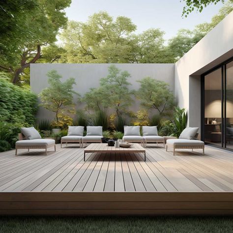 3+ Backyard Deck Design Trends for an Enchanting Outdoor Space • 333+ Images • [ArtFacade] Decking Garden Ideas, Rectangular Backyard Design, Minimalist Backyard Landscaping Design, Outdoor Courtyard Design, Wooden Deck Ideas, Garden Patio Designs, Backyard Deck Designs, Deck Styling, Townhouse Patio