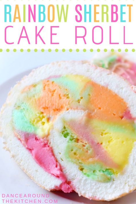 This light and refreshing Rainbow Sherbet Cake Roll will be the highlight of any spring or summer celebration. Rainbow Sherbet Ice Cream Cake, Sherbet Cake Recipe, Rainbow Sherbet Cupcakes, Sherbet Dessert Ideas, Rainbow Sherbet Cake, Sherbet Ice Cream Cake, Sherbet Desserts, Sherbet Cake, Ice Cream Cake Roll