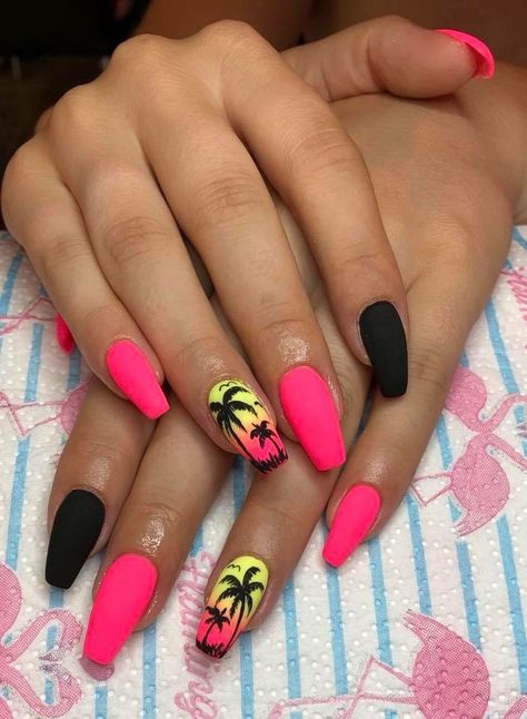 Coffin Nails Designs Summer, Hawaiian Leis, Palm Tree Nails, Neon Acrylic Nails, Tropical Nails, Halloween Acrylic Nails, Tree Nails, Edgy Nails, Grunge Nails