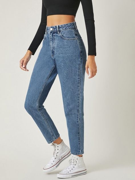 Free Returns ✓ Free Shipping On Orders $49+ ✓. SHEIN BASICS Slant Pocket High Waist Tapered Jeans- Jeans at SHEIN. Stone Wash Jeans Outfit, Blue Jean Outfits, Mom Jeans Outfit, Tapered Leg Jeans, Jeans Mom, Jeans Casual, Stylish Dress Designs, Tapered Jeans, Casual Denim