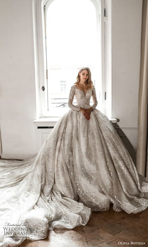 Bridal Dresses 2023, British Wedding Dresses, Wedding Dress Cathedral Train, New Bridal Dresses, Elegant Long Sleeve Wedding Dresses, Long Sleeve Ball Gown Wedding Dress, Modern Bridal Dress, Winter Wedding Gowns, Olivia Bottega