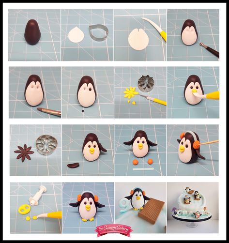 Fondant Penguin Tutorial By The Custom Cakery www.facebook.com/doncastercustomcakery Fondant Penguin How To Make, Penguin Fondant Tutorial, Easy Cake Decorating Christmas, Christmas Fondant Toppers, Penguin Cake Ideas, Penguin Fondant, Fondant Penguin, Chocolate And Strawberry Cake, Ice Skating Cake