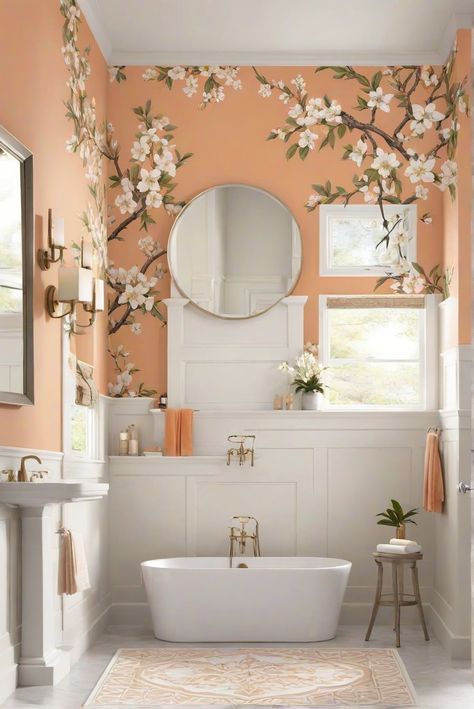 Experience the calming essence of the Orange Blossom Bliss in your bathroom with soothing floral decor, complemented by BM 2165-30. Dive into serenity. #Ad #homedecor #homedesign #bathroom #Painthome interiorarchitecture best Wall Colors for Bathroom Colors Bright Room Colors best colors combinations bathroom bathroom Remodeling Modern Paint Colors 2024 Floral Bathroom Ideas, Orange Bathroom Ideas, Paint Colors 2024, Bright Room Colors, Coral Bathroom, Best Wall Colors, Bathroom Organizing, Modern Paint Colors, Bathroom Storage Hacks