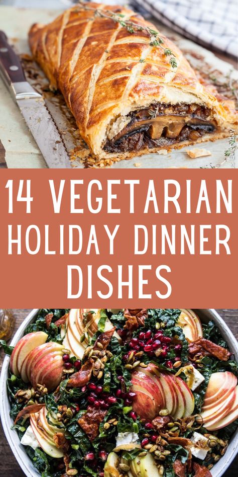 If you're looking to go meatless this Thanksgiving, here are the best vegetarian recipes to try this year. These are easy, healthy, and are great to make ahead and cook the day of. Find some delicious main dish alternatives to turkey, as well as several yummy side dishes. Don't miss out on these 14 Best Vegetarian Holiday Dishes For Thanksgiving! Vegetarian Recipes For Thanksgiving, Vegetarian Thanksgiving Sides, Dishes For Thanksgiving, Thanksgiving Entree, Vegetarian Christmas Dinner, Vegetarian Holiday Recipes, Vegetarian Christmas Recipes, Vegetarian Thanksgiving Recipes, Recipes For Thanksgiving