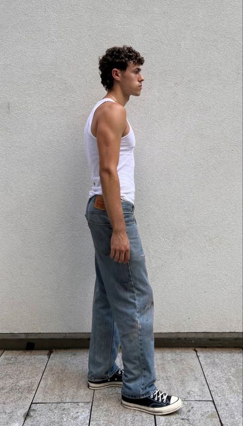 Wifebeater Outfit Aesthetic Men, Wife Beater Outfit Men, Wife Beater Outfit, Mens Surfer Style, Mens Fashion Week Street Style, Guy Fits, 90s Men, Prep Style, Boy Fits