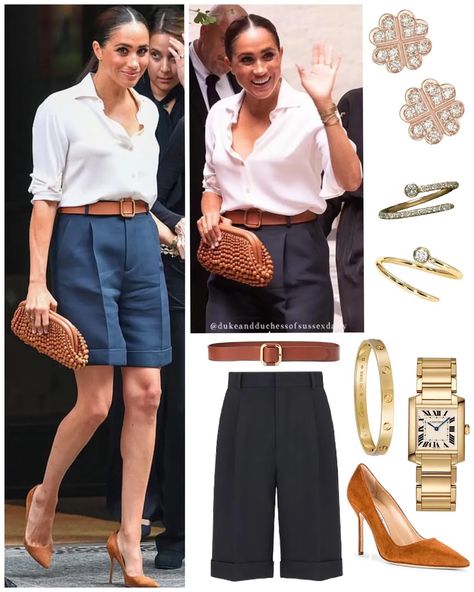 Ralph Lauren Belt Outfit, Bermuda Shorts Outfit Women, Bermuda Shorts Outfit Summer, Blue Shorts Outfit, Cartier Tank Watch, Summer Business Outfits, Bermuda Shorts Outfit, White Summer Shirt, Shoes Manolo Blahnik