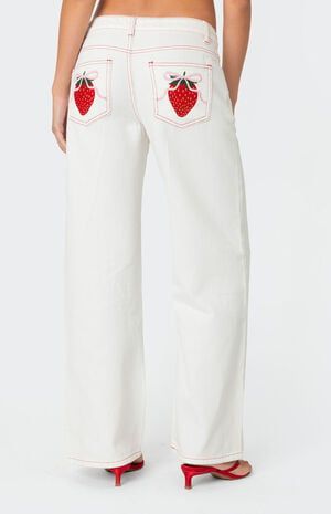 Edikted Strawberry Bow Pocket Jeans | PacSun Strawberry Embroidery, Bow Jeans, White Flares, Stylish Jeans, Winter Jeans, Swimwear Dress, Straight Leg Denim, Best Jeans, Really Cute Outfits