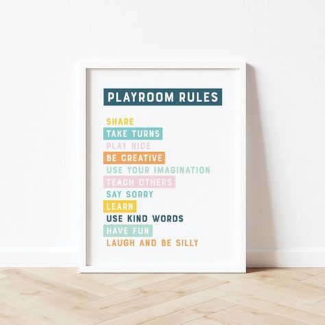 This Playroom Rules Poster is perfect for helping kids learn the necessary and fun parts of play. Rules can be fun, too. Great for playrooms, homeschool, or even classrooms. Rules Poster, Playroom Rules, Playroom Art, Good Manners, Positive Behavior, Play Space, Kids Art Prints, Classroom Posters, Kids Playroom