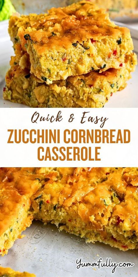 Perfect as a side dish for grilled meats or as a standalone vegetarian meal, this Zucchini Cornbread Casserole is easy and quick to make. Mixing fresh zucchini, sweet corn, and bright red bell pepper with corn muffin mix and shredded cheddar, makes for a tasty twist on a Southern favorite! Zucchini Cornbread Recipes, Cheesy Zucchini Cornbread Casserole, Zucchini Cornbread Casserole, Shredded Zucchini Recipes, Zucchini Cornbread, Zucchini Cheddar, Zucchini Recipes Dessert, Zucchini Casserole Recipes, Yellow Squash Recipes