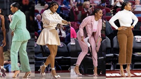 Women Basketball Coaches Outfits, Coach Outfits Sports Women, Coaching Outfits Basketball, Baddie Basketball, Female Coach Outfits, Coach Game Day Outfit, Basketball Wife Aesthetic, Pink Leather Pants, Sydney Carter