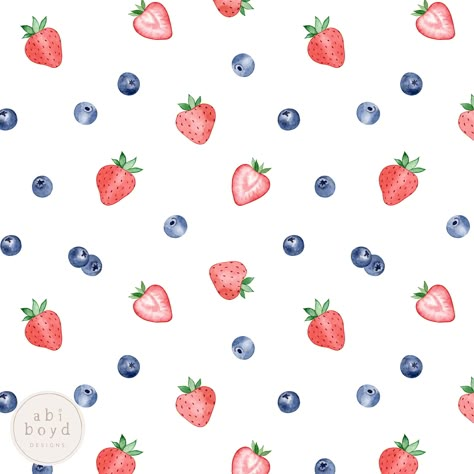 Hand Painted Strawberries, Cute Blueberry Wallpaper, Minimalist Strawberry Wallpaper, Berry Painting, Strawberry Pattern Wallpaper, Strawberry Pattern Illustration, Blueberry And Strawberry, Strawberry Background, Summer Illustrations