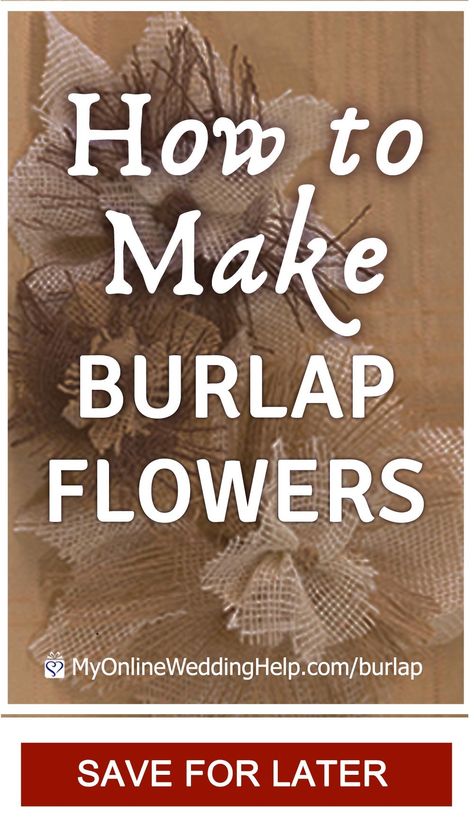 DIY these fabric flowers from burlap. You need two colors of contrasting burlap, glue, and something for the flower's center. These would go with your rustic wedding. Step 1 ... learn more and watch the video tutorial on the MyOnlineWeddingHelp.com blog. #FabricFlowers #BurlapFlowers #FabricCrafts #DIYWedding #RusticWedding #BurlapWedding Burlap Ribbon Flowers Diy, How To Make Burlap Flowers, Burlap Flowers Diy Easy, Rag Flowers, Burlap Flower Tutorial, Frosted Glass Candle Holder, Burlap Wedding Ideas, Twine Flowers, Jute Flowers