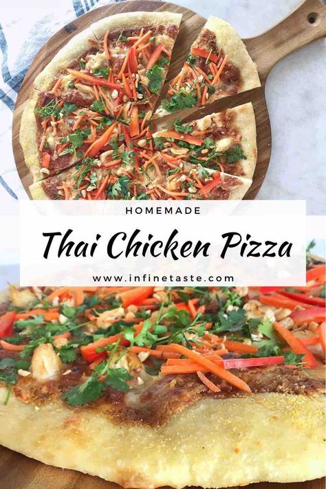 Our Thai Chicken pizza uses my sweet and savory Thai peanut sauce and fresh crunchy vegetables for an unbeatable pizza! #ThaiPeanutSauce #PeanutSauce #ThaiChicken #HomemadePizza #PeanutSauceThai #ThaiPeanutChicken  #PadThaiSauce #ThaiChickenPizza #PizzaRecipes #PizzaRecipesHomemade Beef Panang Curry, Homemade Pizza Crust Recipe, Thai Pizza, Thai Chicken Pizza, Peanut Sauce Chicken, Peanut Satay Sauce, Thai Chicken Recipes, Quick Pizza Dough, Gf Pizza