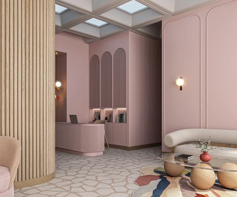 Fertility Clinic | DS Interior Design Pink Clinic Design, Spa Lobby Design Waiting Area, Spa Lounge Area Waiting Rooms, Faux Skylight, Waiting Area Interior Design, Small Waiting Room, Clinic Waiting Area, Elegant Sconces, Soft Pink Walls