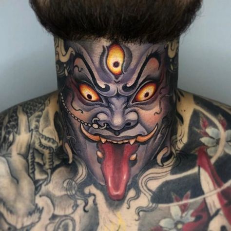 Japanese Neck Tattoo, Tattoo Ideas Neck, Throat Tattoos, Japanese Hand Tattoos, Yellow Tattoo, Full Neck Tattoos, Hindu Tattoos, Hindu Tattoo, Tattoo Neck