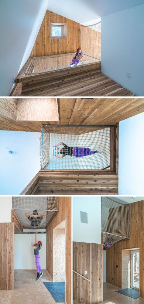 The lofted net in this home provides a fun hideaway for the kids and creates the perfect reading nook. Net Reading Nook, Magnolia Playroom, Nostalgia House, Loft Net, Hang Out, Indoor Hammock, Houses In France, Modern Extension, Timber House