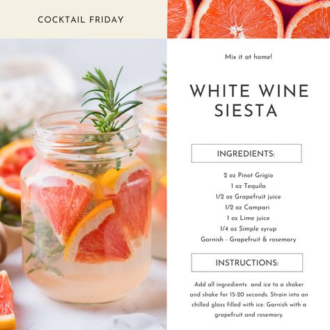 Summer Sips Sorted 🌞 ⁠ Serve your long weekend scene this White Wine Siesta 🍋 It's got all the refreshing fruity notes you love in a Pinot Grigio with tequila for that little kick. The added grapefruit and Campari make it a great aperitif.⁠ ⁠ Mix it up with Canyon Road Pinot Grigio, currently just $13.99 (save $2) until May 31st 🤩 Also perfect with El Tequileno Reposado, grab it for $41.99 (save $2) before June 6th! Pinot Grigio Cocktail, Happy Juice, Specialty Drinks, Canyon Road, Cocktail Drinks Recipes, Tequila Cocktails, Coffee Cocktails, Pinot Grigio, Alcohol Drinks