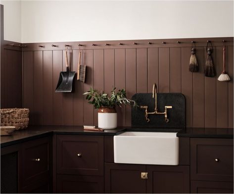 Brown Painted Paneling, Brown Tones Kitchen, Dark Walls In Kitchen, Brown Painted Kitchen, Traditional Paint Colors, Moody Bar, Centsational Style, Inspirational Homes, Brown Paint Colors