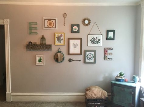 Gallery Wall With Trinkets, Colourful Hallways, Cozy Reading Room, Apartment Fever, Key Wall Decor, Small Gallery Wall, Shape Collage, Gallery Wall Inspiration, Diy Furniture Renovation