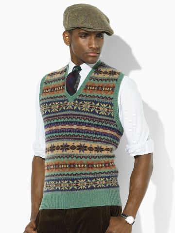 fair isle vest by Ralph Lauren. I would really like to have one of these. Fair Isle Vest, Tweed Run, Men Vest, Fair Isles, Ivy Style, Sleeveless Jumper, Polo Ralph Lauren Sweater, Men's Sweaters, Fair Isle Knitting