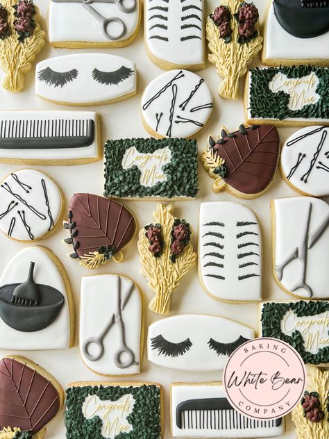 Beauty School Graduation Party Ideas, Cosmetology Graduation Party Decorations, Esthetician Graduation Party, Cosmetology Graduation Party Ideas, Cosmetology Grad Party, Beauty School Graduation Party, Cosmetology School Graduation Party, Hair Salon Cookies Decorated, Salon Cookies Decorated