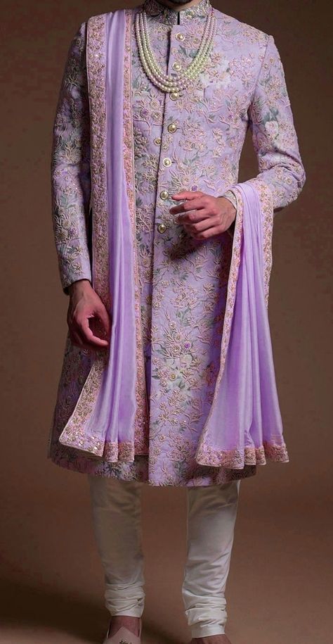 Lavender Sherwani For Groom, Lavender Sherwani For Men, Lavender Kurta Men, Groom Indian Wedding Outfits, Lavender Wedding Dress, Wedding Matching Outfits, Mansions Interior, Lavender Outfit, Wedding Kurta