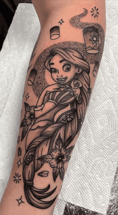 Tangled Tattoo Design Images (Tangled Ink Design Ideas) Tattoo Ideas Rapunzel, Repunzle Tattoo, Tangled Tattoo Ideas, Rapunzel Tattoo Ideas, Tangled Flower Tattoo, Rapunzel Tattoo, Fineline Tattoo Ideas, Tangled Flower, Disney Sleeve