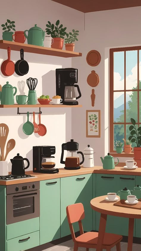 Flat cozy illustration with a view #pinterest #trending #illustrations #animeart #aiart Cozy Graphic Design, Room Design Illustration, Dining Room Illustration, House Interior Illustration, Kitchen Illustration Art, Busy Illustration, Flat Art Illustration, Coloring Book Aesthetic, Room Animation