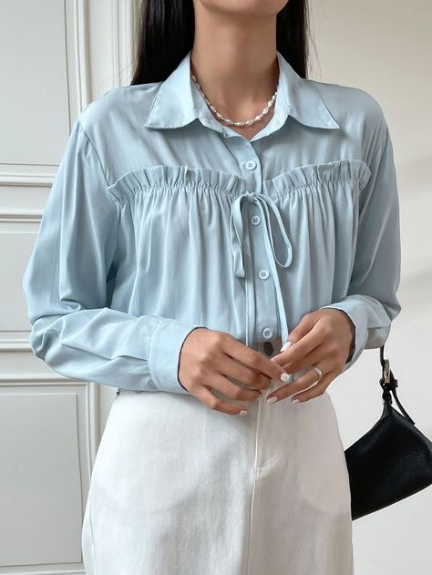 Earth Tones Fashion, Baby Blue Fabric, Oversized Pattern, Knot Button, Open Shirt, Women Floral Blouse, Tiered Tops, Fashion Tops Blouse, Embroidered Midi Dress