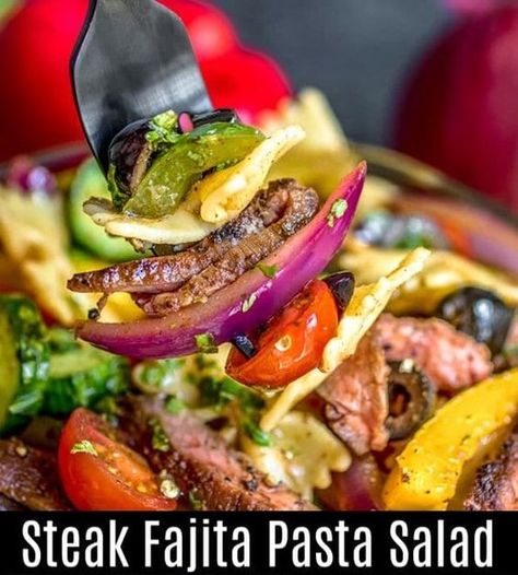 Steak Fajita Pasta, Fajita Pasta Salad, Balela Salad Recipe, Fajita Steak, Asian Pasta Salads, Summer Potluck Recipes, Fajita Pasta, Fajita Marinade, Cold Salads