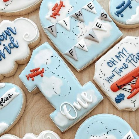 Frosted Little Crumbs on Instagram: "Time flies ✈️ • • • #airplanecookies #timefliescookies #cloundcookies #1stbirthdaycookies #birthdaycookies" How Time Flies Birthday Party, Time Flies First Birthday Cookies, Flying Birthday Theme, Two Fly Birthday Cookies, My Oh My How Time Flies Birthday, Airplane Cookies 1st Birthday, Time Flies Cookies Airplane Party, Time Flies Birthday Cookies, Time Flies Birthday Party Food