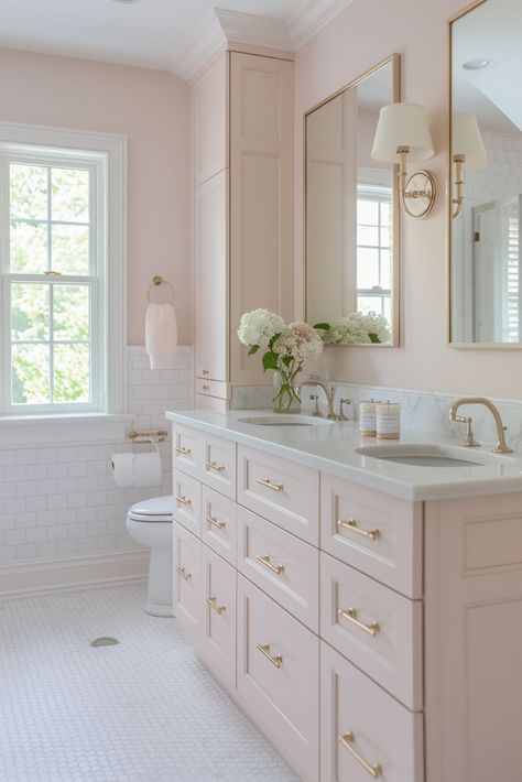 Glamorous and Gorgeous: 25 Pink Bathroom Ideas you will Love Girly Vintage Bathroom, Girl Bathroom Ideas Decor, That Girl Bathroom, Pink Master Bath, Glamorous Bathroom Ideas, Baby Pink Bathroom, Light Pink Bathroom, Girl Bathroom Ideas, Pink Bathroom Aesthetic