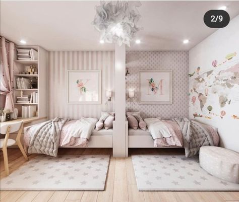 Bedroom Ideas For Small Rooms With 2 Twin Beds, Shared Bedroom Separator Ideas, Kids Room Sharing Ideas, Bedroom Ideas For Two Sisters Small Room, Large Toddler Bedroom Ideas, Shared Childrens Bedroom, Shared Girls Room Teen, 2 People Bedroom Ideas, 3 Person Bedroom