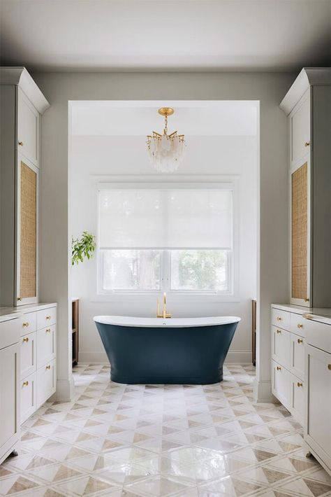 Gold And Navy Bathroom, Bathroom Moody, Alabaster Chandelier, Lake Love, Moody Bathroom, Blue Subway Tile, Navy Bathroom, Custom Bunk Beds, Modern Luxury Bathroom