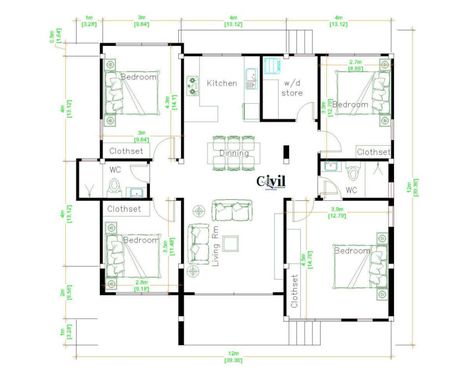 House Design Plans 12m×12m With 4 Bedrooms - Engineering Discoveries House Design 3d, 4 Bedroom House Plan, One Level House Plans, Four Bedroom House Plans, 4 Bedroom House Designs, Bungalow Floor Plans, Affordable House Plans, Roof House, Bedroom Layout