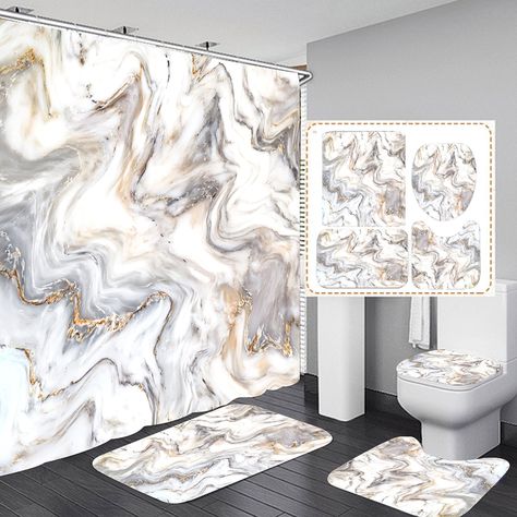 Buy 4 Pcs Marble Shower Curtain Set, Abstract Grey Gold Luxury Marble Texture Bathroom Decor Shower Curtain Set ,Non-Slip Bath Rugs and Bathroom Mat Accessories at Walmart.com White Marble Bathroom Decor, Socks Hack, White Marble Shower, Marble Bathroom Decor, White Marble Bathroom, Marble Shower Curtain, Gray And White Bathroom, Modern Luxury Bathroom, Plastic Shower Curtain