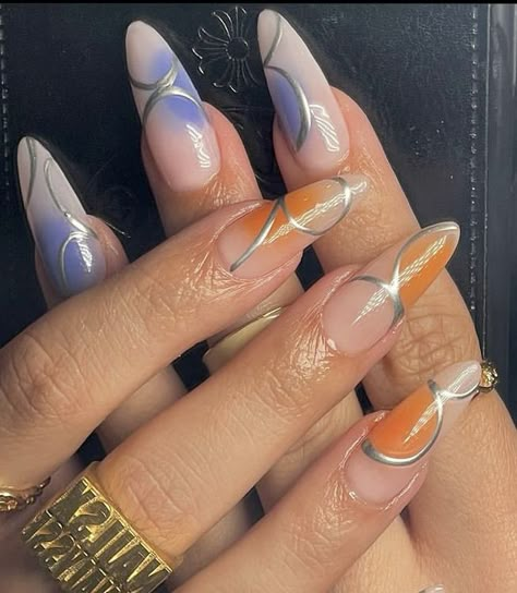 blue and orange nails Airbrush Nails With Chrome, Aura Nails Designs, Metallic Nail Designs, Nails Black French Tip, Nail Design 2023, Nails Lace, Nails Black French, Black French Tip Nails, Black Press On Nails