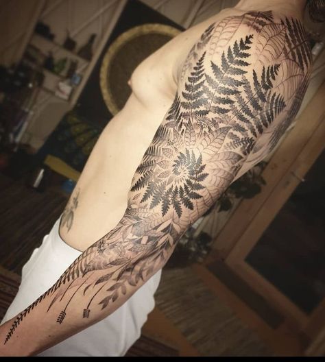 Fern Geometric Tattoo, Fern Half Sleeve Tattoo, Fern Elbow Tattoo, Fern Face Tattoo, Fern Bicep Tattoo, Moss Tattoo Nature, Botanical Tattoo Sleeve Men, Sacred Geometry Neck Tattoo, Mandala Nature Tattoo