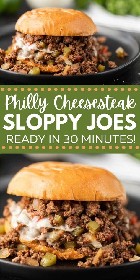 Try this Easy Philly Cheesesteak sloppy joes recipe for a quick dinner ready in 30 minutes! Everyone will love cheesesteak style sloppy joes. The onions, peppers and cheese are so good! Philly cheese steak sloppy joes are so simple and cheap to make. Make this Philly cheesesteak sloppy joe recipe today! Includes stovetop and crock pot recipe! #eatingonadime #sloppyjoes #stovetoprecipes #crockpotrecipes Store Bought Meals, Philly Cheese Steak Sloppy Joes, Cheese Steak Sloppy Joes, Cheesesteak Sloppy Joes, Philly Cheesesteak Sloppy Joes, Cheese Steak Sandwich, Carlsbad Cravings, Sloppy Joes Recipe, Cheese Steak