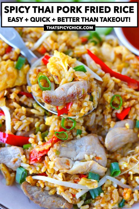 This Spicy Thai Pork Fried Rice is quick and easy to make, smells incredible and tastes delicious, and ready in 30 minutes! It’s made in one wok, customizable with your choice of veggies, and better than takeout on busy weeknights! #thaiporkfriedrice #thaifriedrice #pork #porkfriedrice #betterthantakeout #easyrecipes #friedrice #dinner #weeknight | That Spicy Chick Thai Pork Fried Rice, Spicy Fried Rice Recipe, Fried Rice Thai, Spicy Fried Rice, Pork Fried Rice Recipe, Thai Pork, Thai Fried Rice, Pork Fried Rice, Seared Chicken Breast