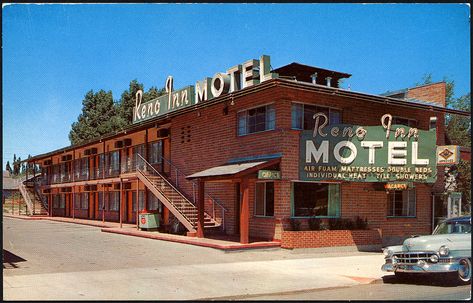 Reno Inn Motel, 1950's | Reno, Nevada Old Motel, Motel Signs, Vintage Buildings, Googie Architecture, Vintage Motel, Apartments Exterior, House Flippers, Sims Building, Vintage Hotels