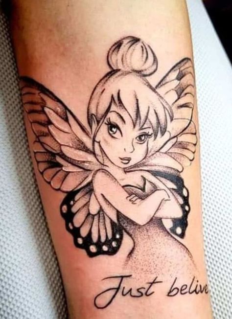 Cute Disney Tattoos, Tinker Bell Tattoo, Disney Sleeve Tattoos, Tattoo Machine Tattoo, Tattoo Ideas Unique, Unique Butterfly Tattoos, Tattoo Artist Tattoo, Beauty Tattoo, Tattoo Butterfly