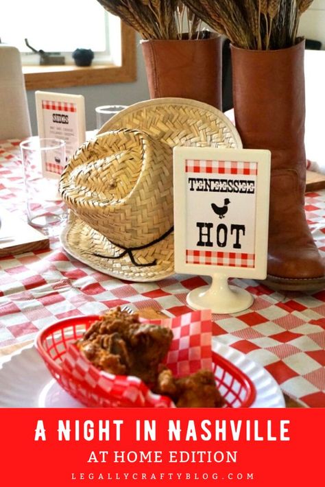 Quarantine doesn't mean that you still can't travel to your favorite destinations! Learn how to throw a Nashville themed family dinner or take these tips and pick any destination of your choosing! #dinnerparty #stayhome #quarantinefun #quarantineideas #themedinner #familydinnernight #tablescapes #tablesetting #diychargers Nashville Themed Party Decor, Nashville Decorations, Nashville Themed Party, Grilled Bread Recipes, Themes Dinner Nights, Kid Dinner, Boot Centerpiece, Nashville Party, Family Dinner Night