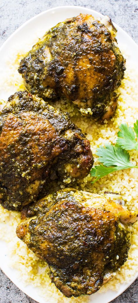 EASY 1-Pot Chicken thighs with spicy chermoula sauce, a North African parsley and cilantro pesto. #african #gluten-free #lowcarb #chickenthigh Chermoula Chicken, African Chicken, Chermoula Sauce, North African Food, Cilantro Pesto, Paleo Chicken, Simply Recipes, African Food, The Chicken