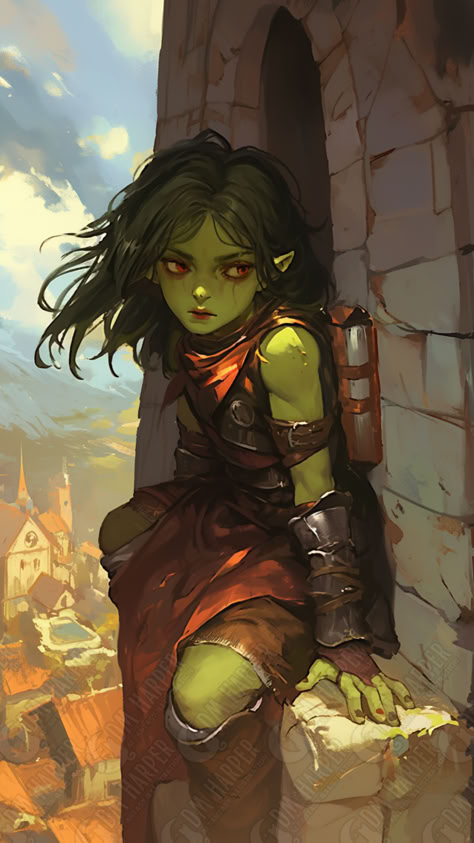 Goblin Rogue/Wizard Goblin Female Dnd, Female Goblin Character Design, Goblin Girl Art, Hobgoblin Female, Hobgoblin Character Art, Goblin Fantasy Art, Goblin Paladin, Swamp Goblin, Goblin Cleric