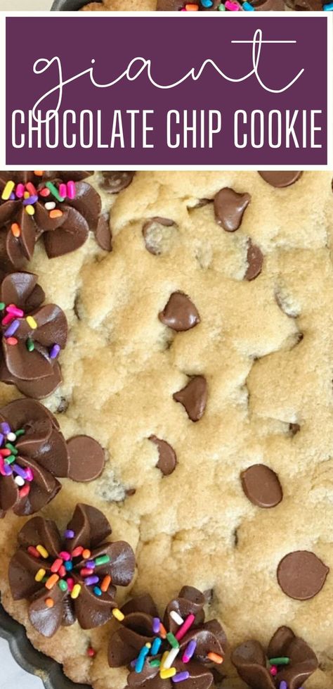 You can’t go wrong with a giant chocolate chip cookie! A 12″ giant chocolate chip cookie that is fun for a sweet treat, to celebrate any Holiday or special occasion, or even a birthday. My kids request this for their birthday cake instead of cake! #dessertrecipes #giantcookierecipe #giantcookies Big Cookies, Cookie Deserts, Giant Chocolate Chip Cookie, Homemade Snickers, Cookies Bars, Giant Chocolate, Cookie Pizza, Ladies Luncheon, Cookie Cake Recipe