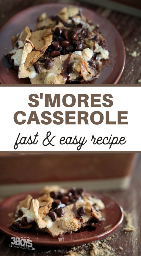 Just wait until you see this Delicious Smores Casserole Recipe! It's a fun way to eat smores and full of chocolate and peanut butter taste! #smoresrecipe #dessert #peanutbutterrecipe #3boysandadog